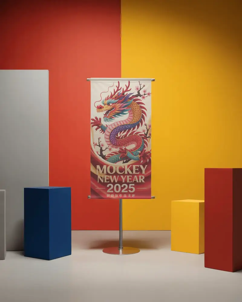 Blank Standing Roll Up Banner Mockup In Minimalistic Artistic Space For Promotional Use