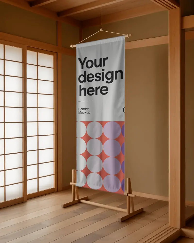 Vertical Cloth Banner Stand Mockup Inside Contemporary Asiatic Inspired Room Environment