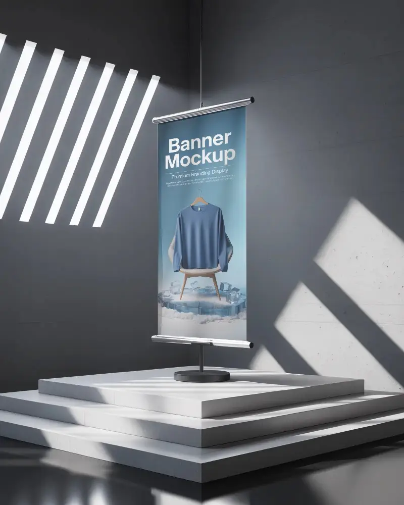 Sleek Hanging Roller Banner Mockup On Stand With Clean Background For Marketing Use