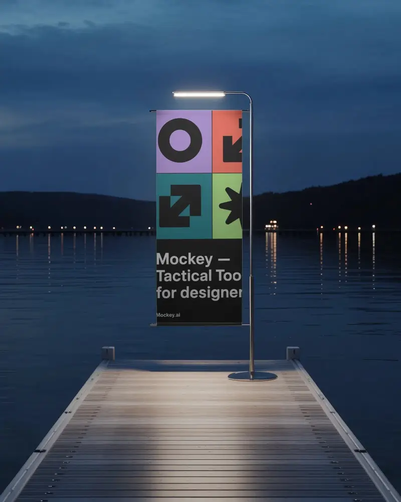 Illuminated Banner Mockup On Waterfront Dock For Nighttime Advertising Display Usage
