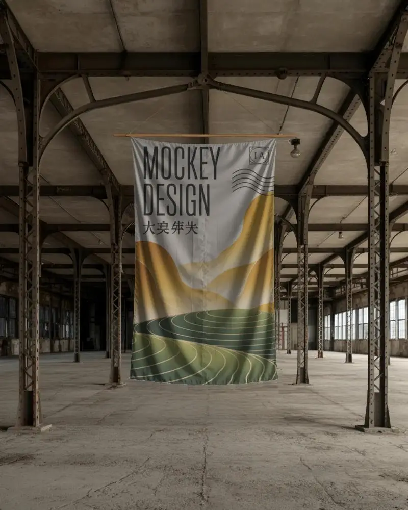 Realistic Textile Banner Mockup Hanging Among Iron Structure Columns In Empty Factory