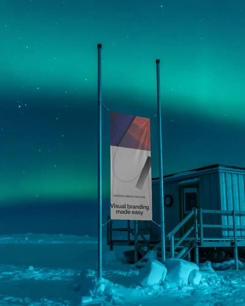 High Pole Banner Mockup Exterior Winter Setting With Wooden Structure Nearby