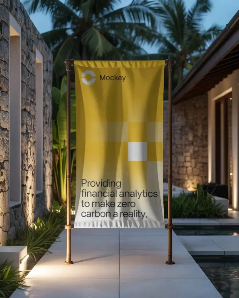 Outdoor Banner Mockup On Metal Stand For Resort Poolside Advertisement Display