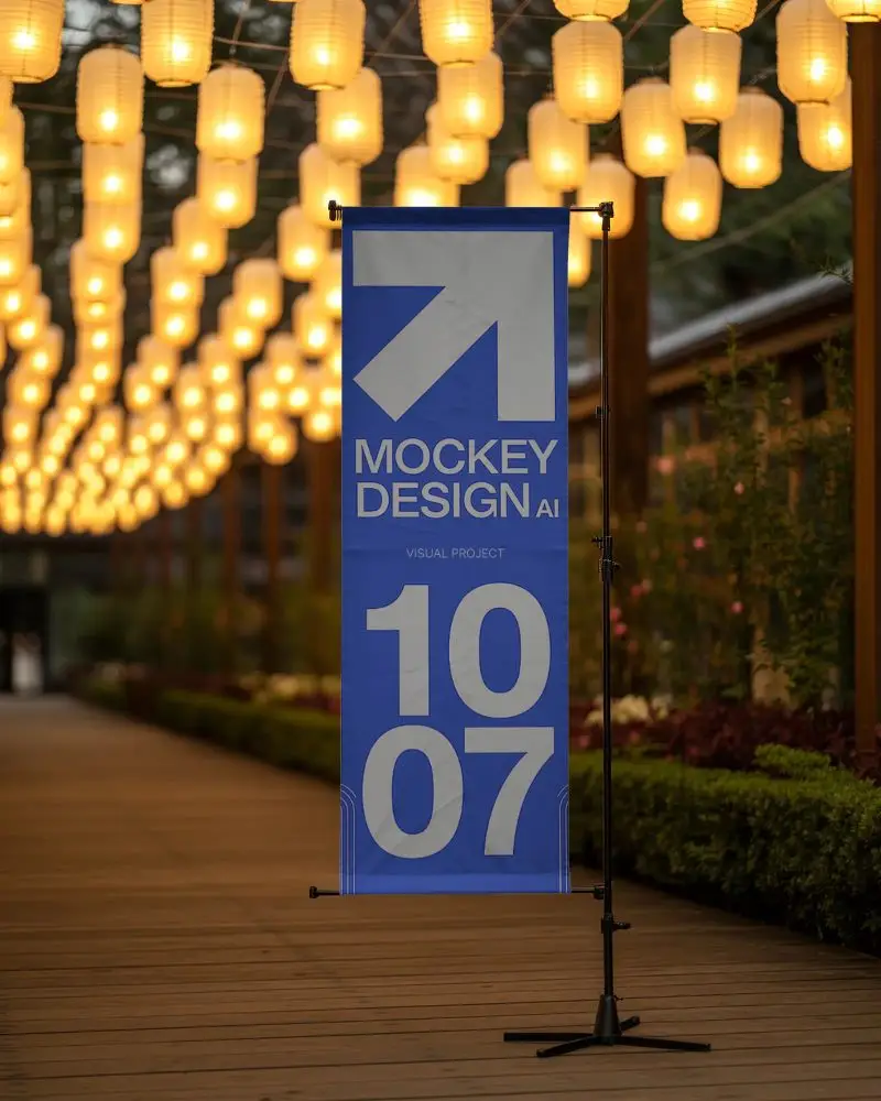 Outdoor Display Banner Mockup On Tripod Stand With Decorative Pathway And Lights