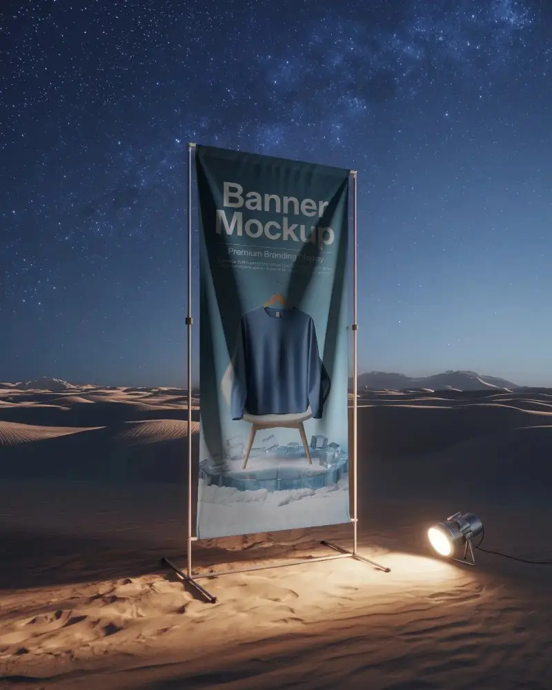 Elevated Outdoor Banner Mockup With Spotlight On Sandy Desert Under Starry Sky Background