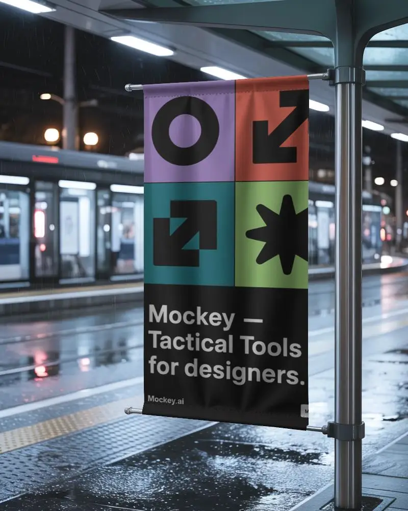 Outdoor Advertising Banner Mockup At Wet Train Station Showcase Your Brand Effectively