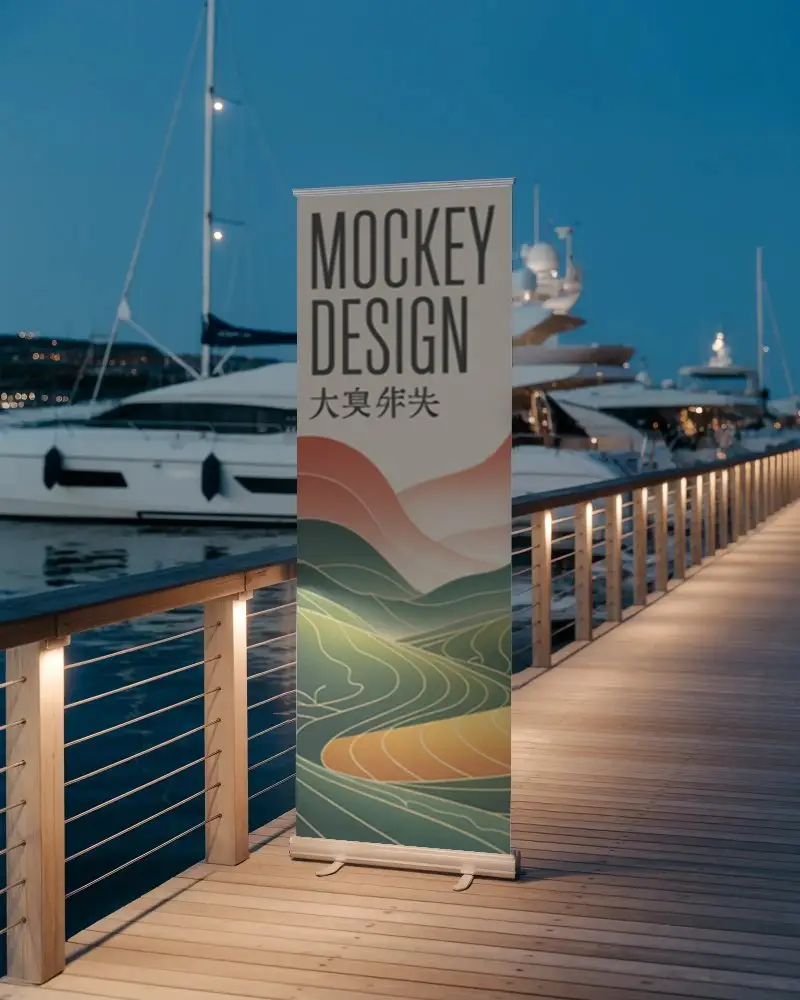 Waterfront Banner Mockup For Marine Events And Yacht Showcase With Nighttime Urban Background