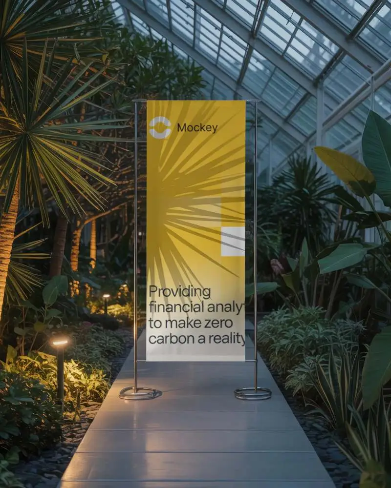 Vertical Poster Banner Mockup In Serene Botanical Greenhouse Setting With Realistic Lighting