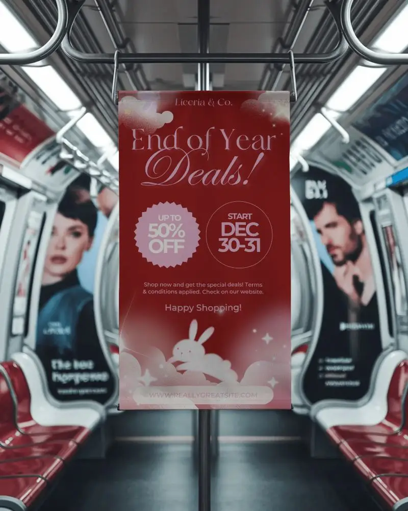 Modern Subway Banner Mockup Center Hanging Blank Poster Inside Train With Advertisements And Metal Poles Urban Transit Setting