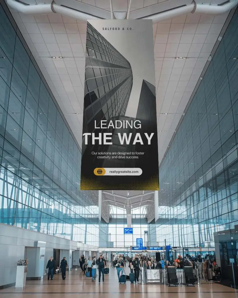 Airport Hall Banner Mockup Large Vertical Hanging Display In Modern Terminal With Travelers And Glass Architecture Bright Daylight Scene