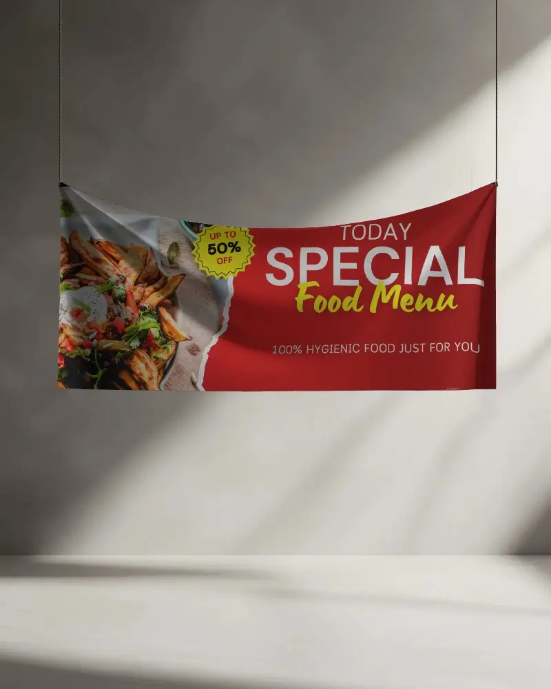 Minimal Interior Banner Mockup Horizontal Fabric Hanging On Ropes In Soft Sunlight With Shadows Modern Gallery Background Clean And Elegant Scene