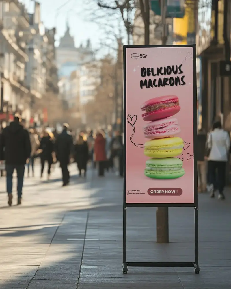 Urban Street Sign Mockup Vertical A Frame Poster On Busy Shopping Walkway With Blurred Pedestrians And Sunny Afternoon Lighting