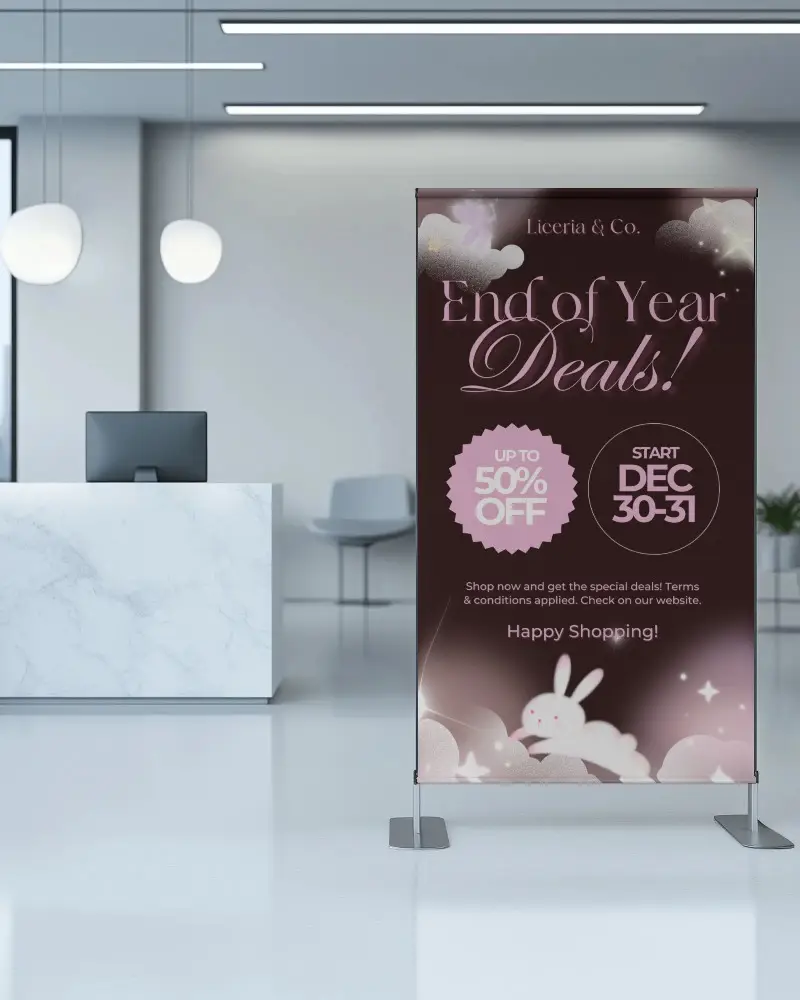 Modern Office Banner Mockup Vertical Roll Up Standee In Minimal Reception Area With Marble Desk Clean Corporate Interior Lighting