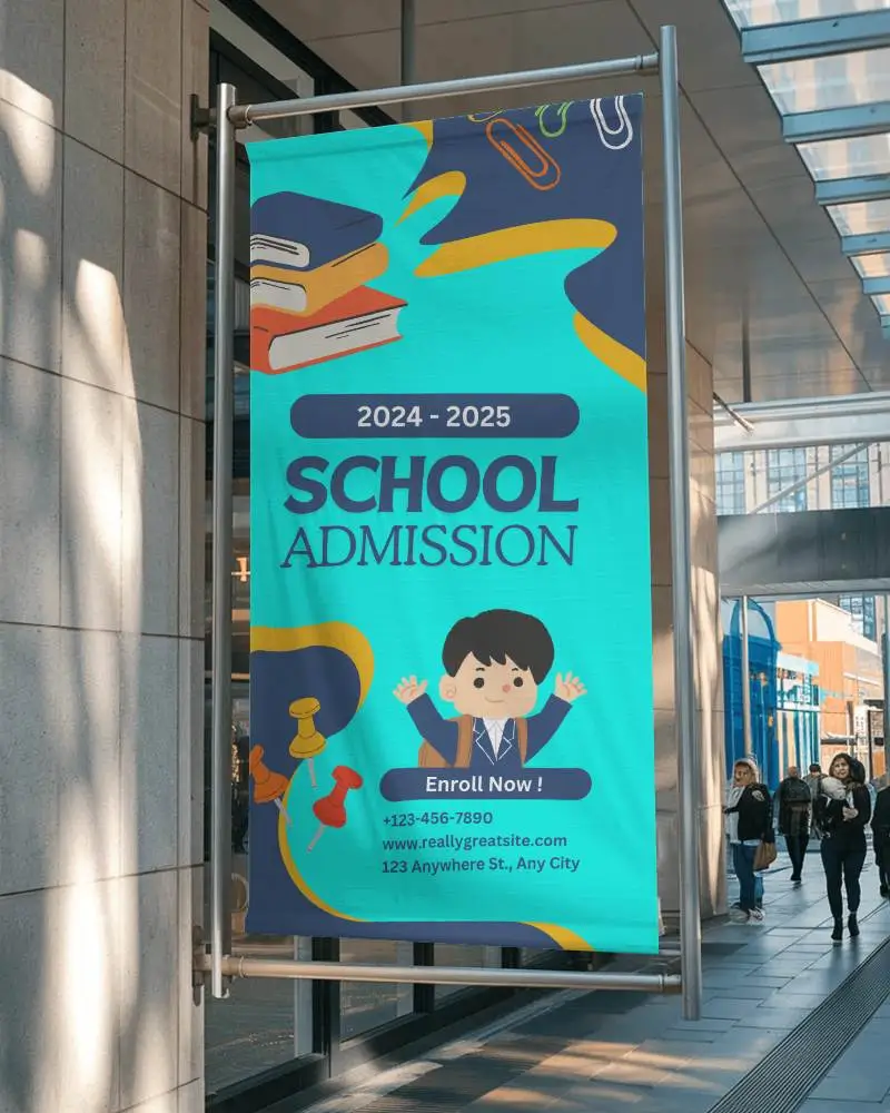 City Street Banner Mockup Vertical Hanging Sign Outside Modern Building With Glass Reflections And Pedestrians In Daylight