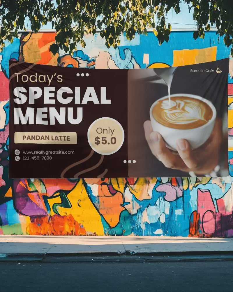City Street Banner Mockup Vertical Hanging Sign Outside Modern Building With Glass Reflections And Pedestrians In Daylight