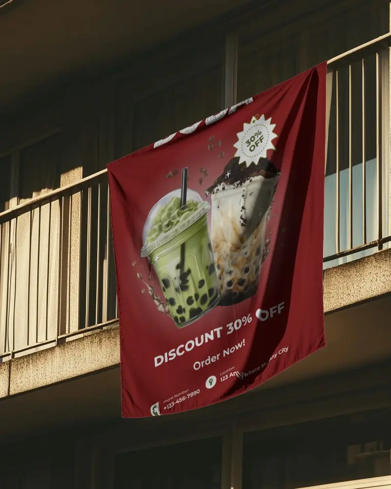 Apartment Balcony Banner Mockup Vertical Fabric Hanging Outside Building In Warm Sunset Lighting With Shadows On Walls