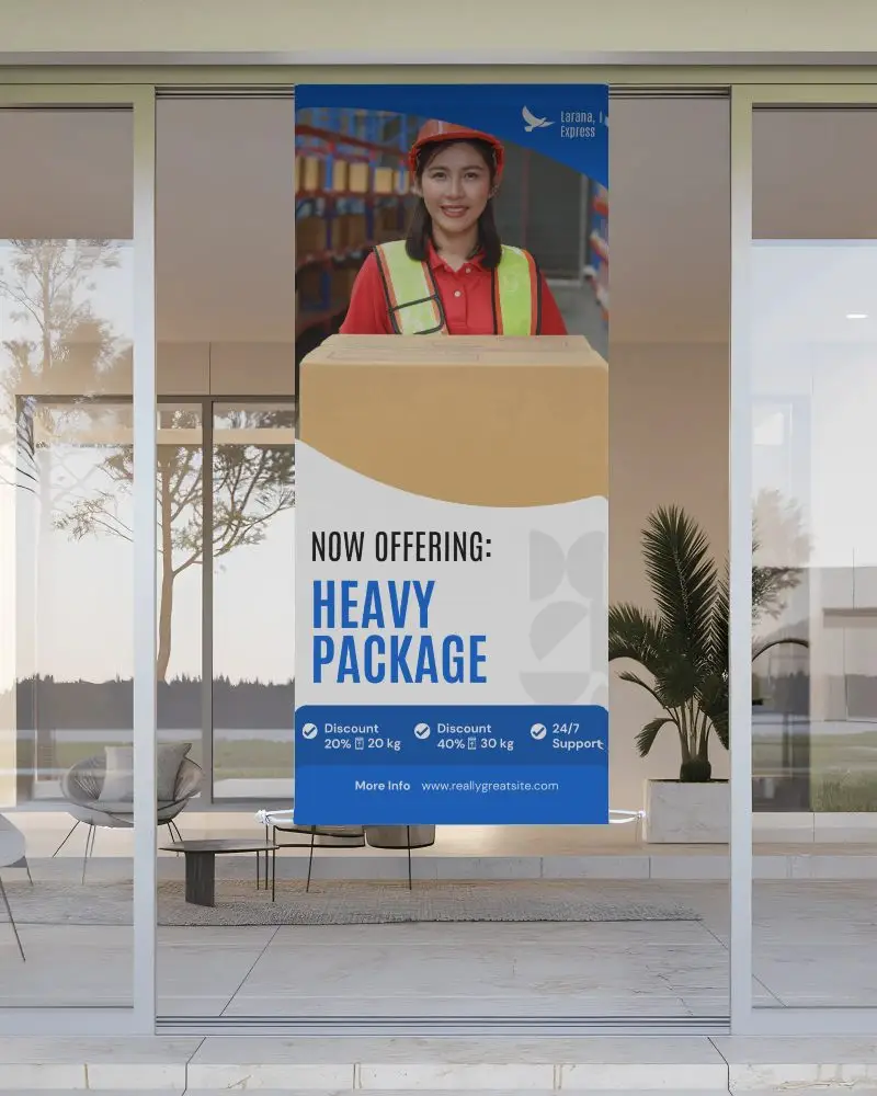 Modern Villa Banner Mockup Vertical Fabric Hanging In Minimal Glass Living Room With Indoor Plants And Sunset Reflections Luxury Home Vibe