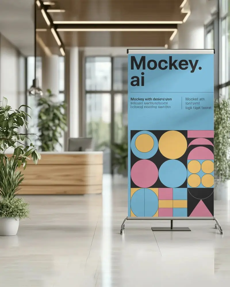 Vertical Banner Stand Mockup In Bright Reception Area With Wooden Ceiling And Potted Plants