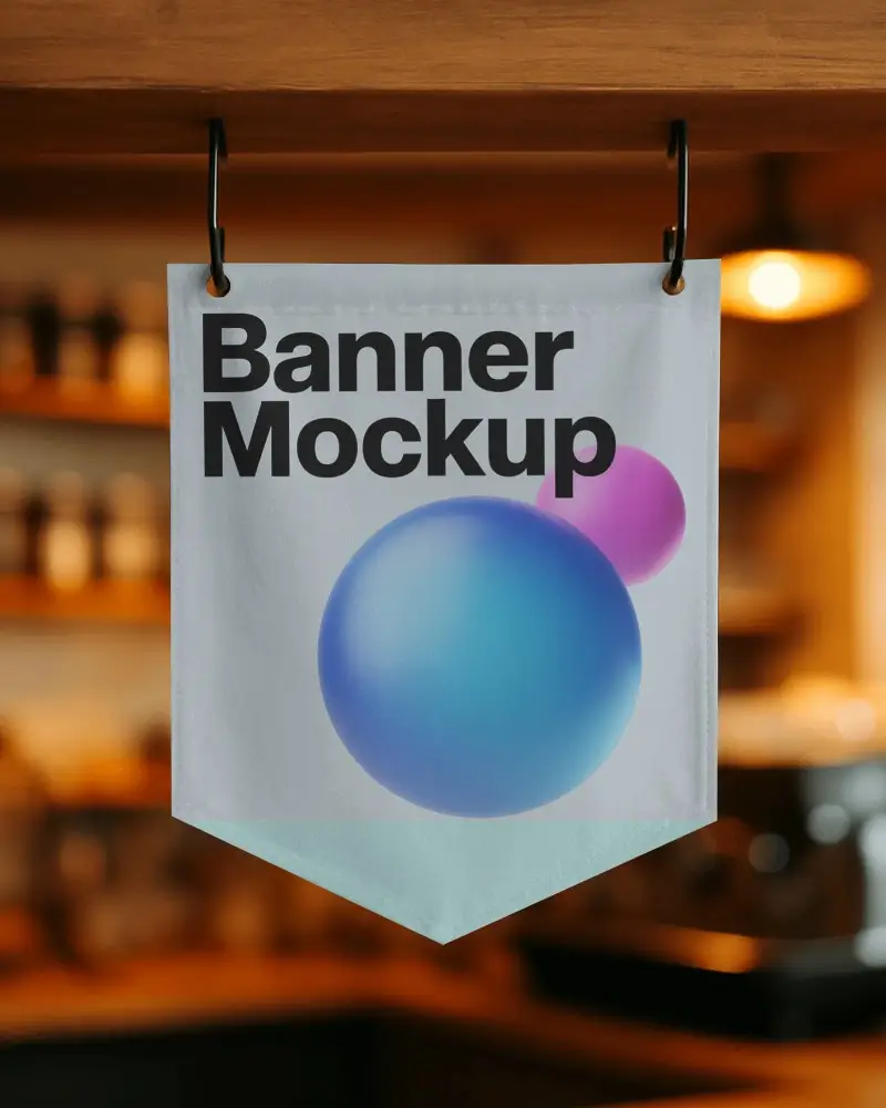 Hanging Triangle Banner Mockup Small Vertical Display Suspended From Wooden Beam In Warm Blurred Cafe Setting