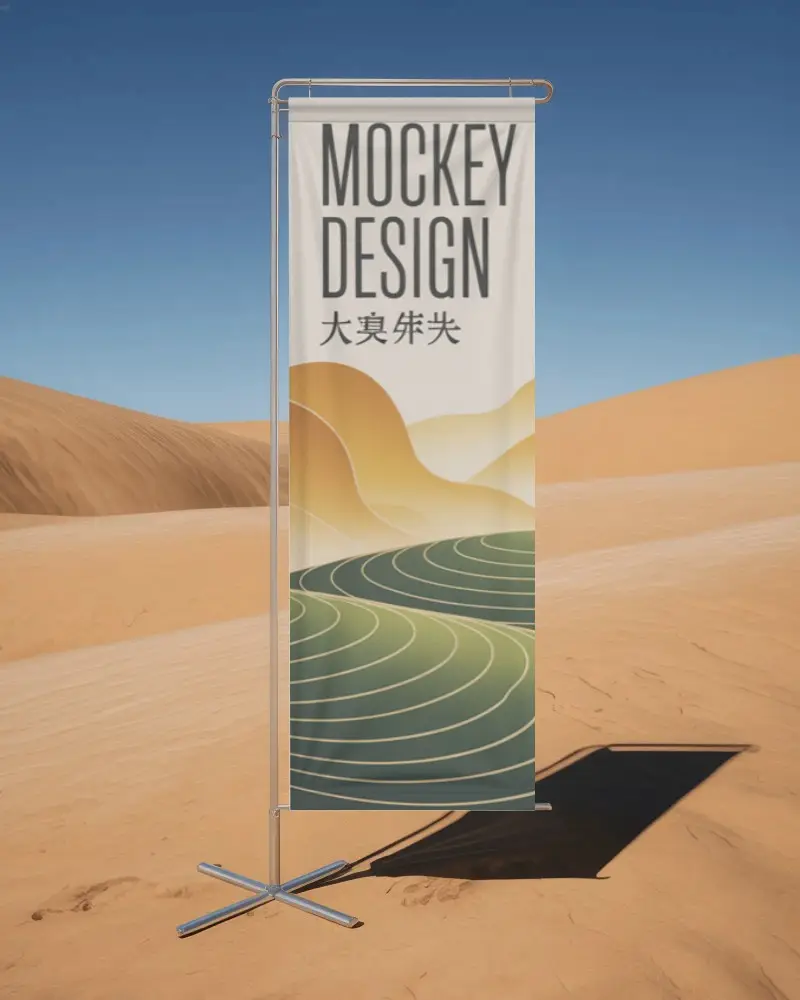 Outdoor Banner Display Mockup With Smooth Fabric On Metal Frame In Desert Setting