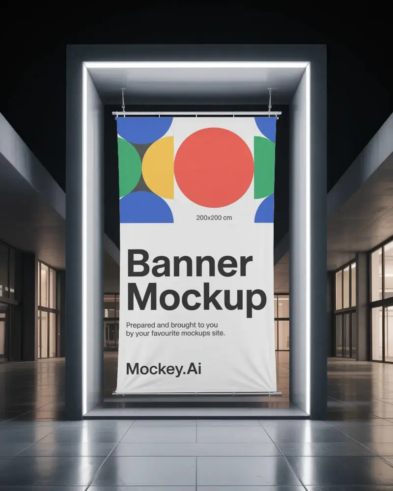Modern Empty Vertical Banner Hanging In Urban Commercial Building Exterior Showcase
