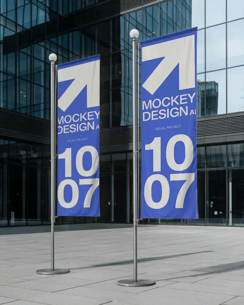 Modern Outdoor Banner Mockup With Blank Fabric Flags For Corporate Building Promotion