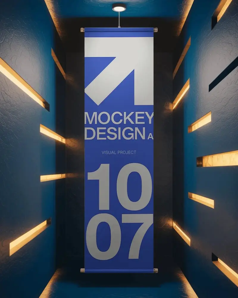 Vertical Banner Mockup For Design Presentation In Modern Illuminated Room Interior Wall