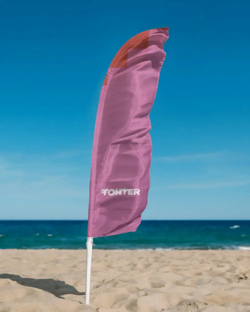 Beach Advertising Banner Flag Mockup On Sand With Clear Sky And Ocean Background