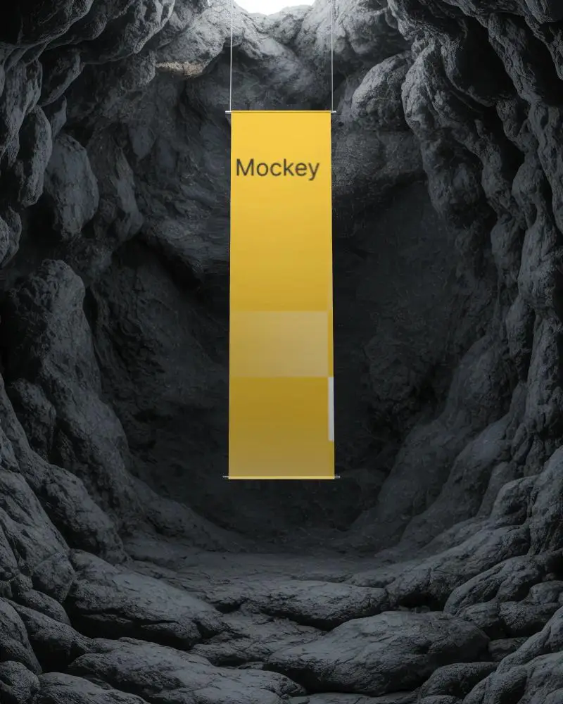 Vertical Hanging Banner Mockup In Realistic Rock Cave With Stone Textured Background