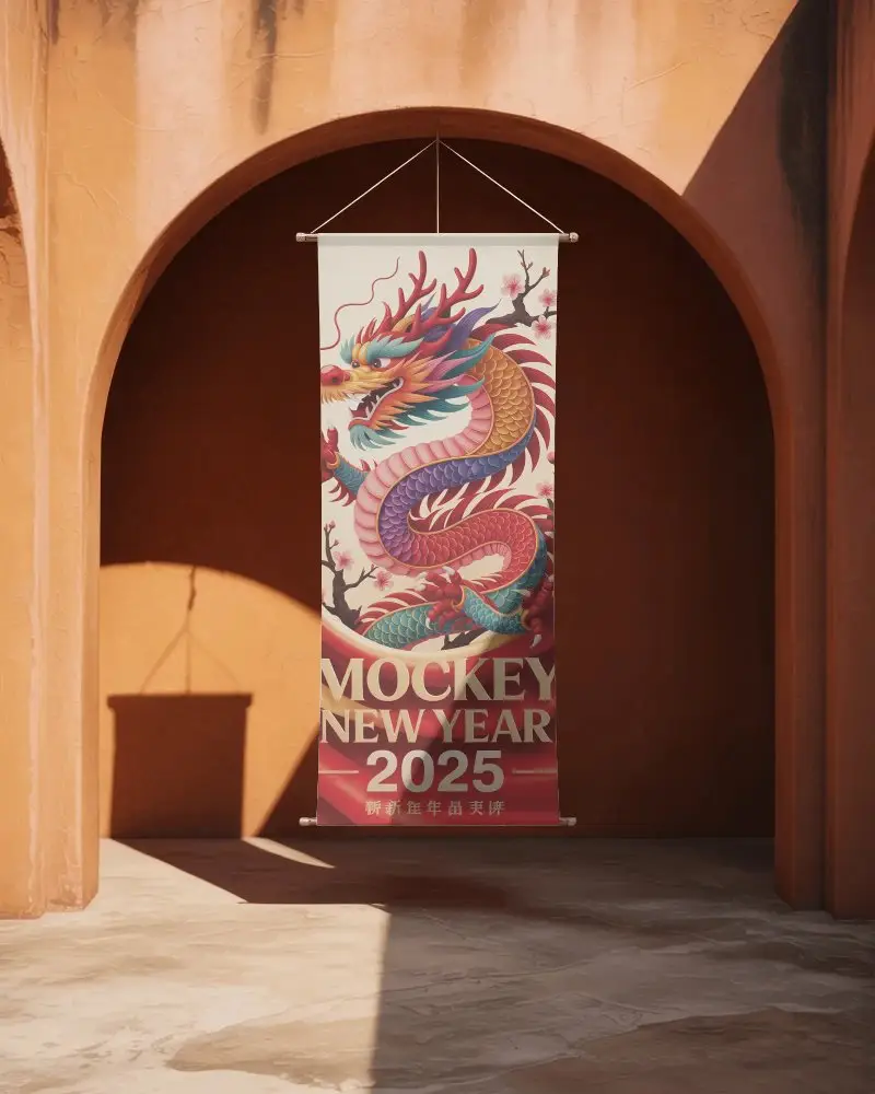 Vertical Banner Mockup Hanging In Arched Alcove For Creative Display And Promotion