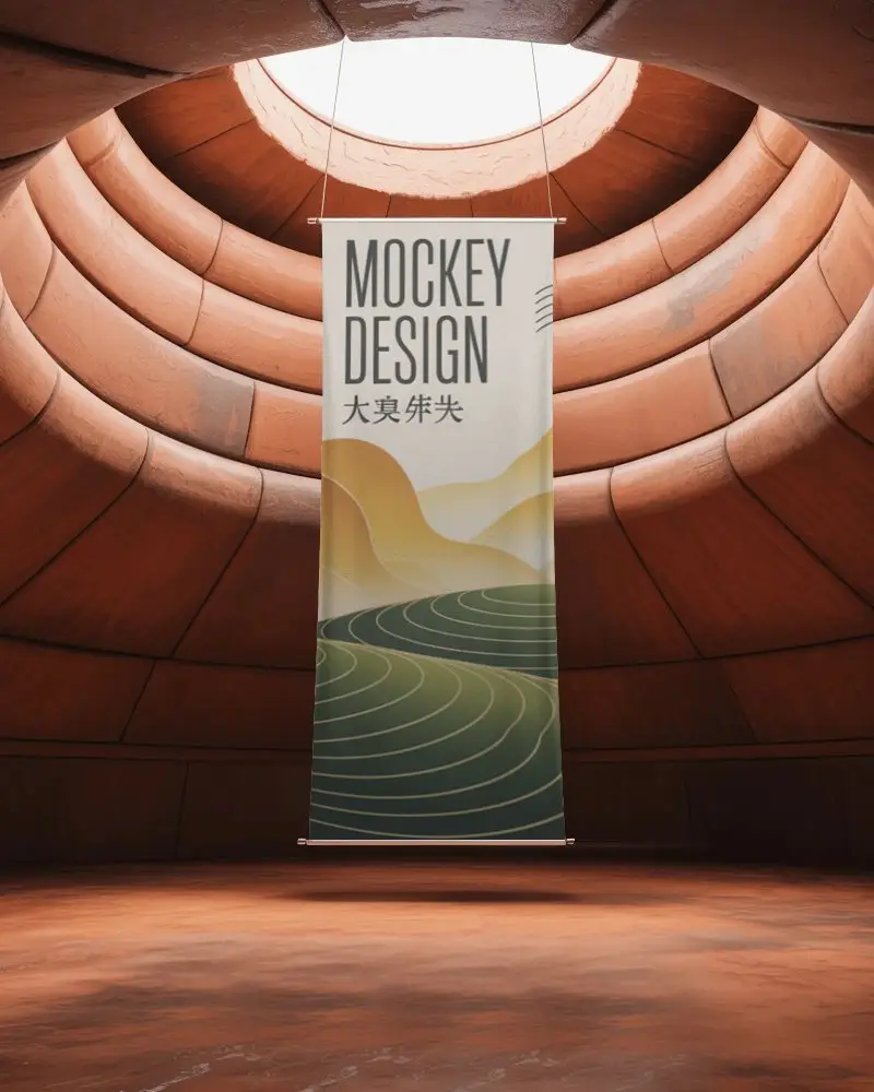 Vertical Banner Mockup In Architectural Spherical Space For Promotional Designs