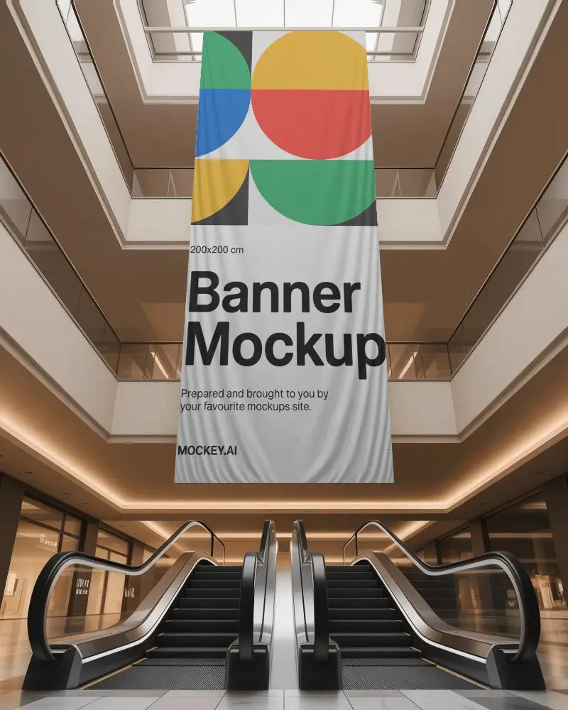 Large Vertical Banner Mockup Hanging In Modern Mall Interior With Escalators And Ambient Lighting
