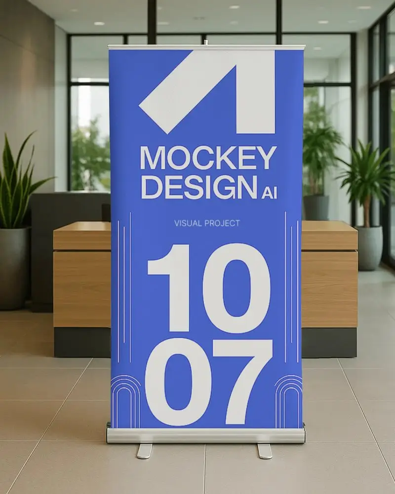 Roll Up Banner Mockup In Modern Office Lobby With Wooden Reception Desk And Potted Plants