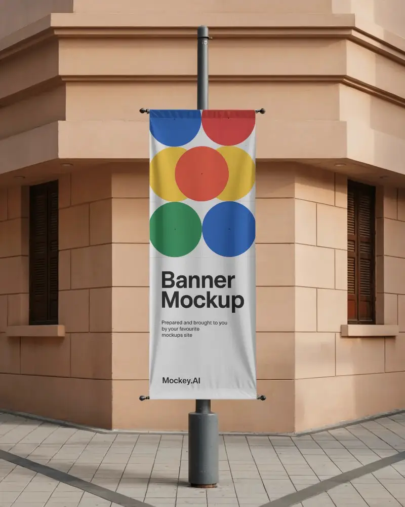 City Street Banner Mockup Mounted On Pole With Peach Building Backdrop And Tiled Walkway