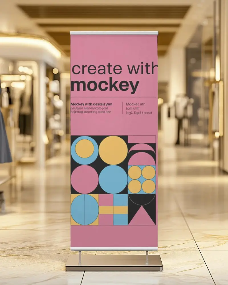 Premium Roll Up Banner Mockup In Luxury Retail Store With Elegant Lighting And Marble Floor