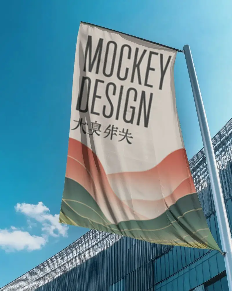 High Flagpole Banner Mockup Fluttering In Wind Against Contemporary Architecture And Bright Sky