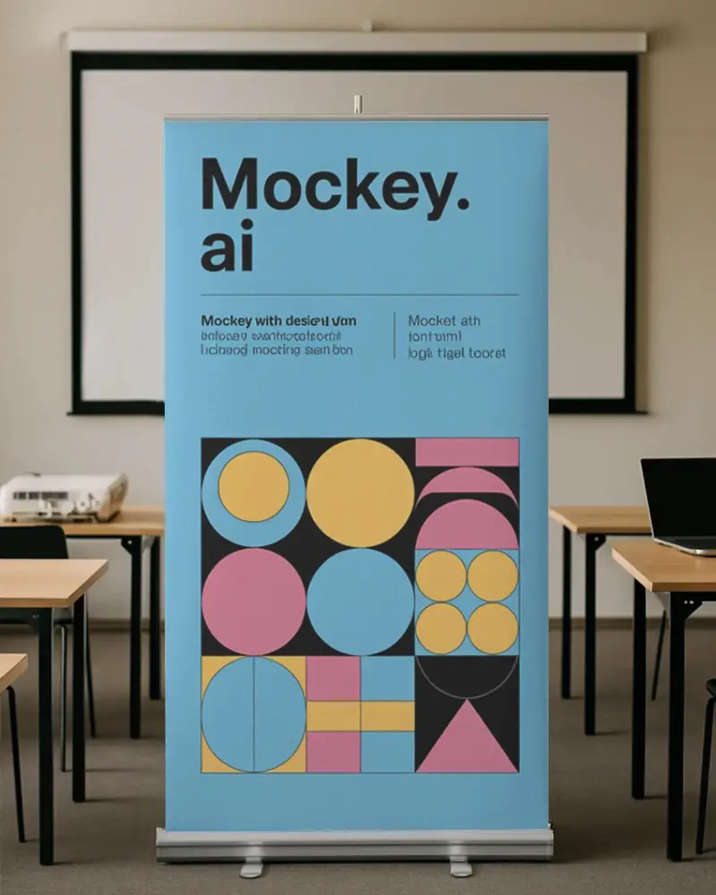 Professional Training Banner Mockup Standing Banner In Empty Classroom With Desks And Laptop