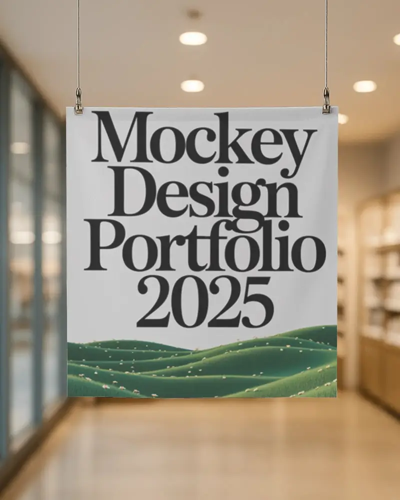 Indoor Store Banner Mockup Minimal Square Display Suspended In Bright Aisle With Glass Panel Background