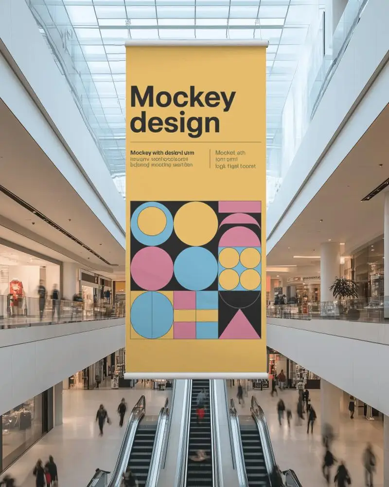 Large Hanging Banner Mockup In Modern Shopping Mall Atrium Above Escalator With Natural Light