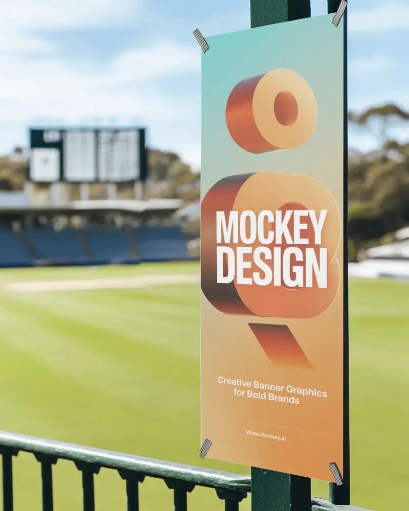 Outdoor Stadium Banner Mockup Vertical Banner Attached To Green Pole With Blurred Field And Scoreboard View