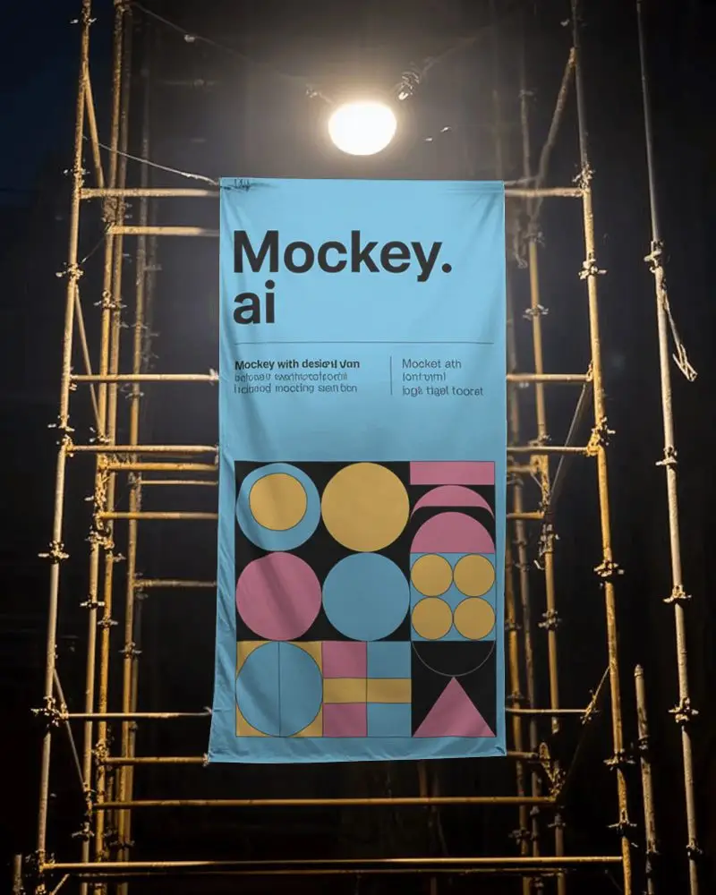 Illuminated Construction Site Vertical Banner Mockup Under Spotlight On Scaffolding Frame At Night