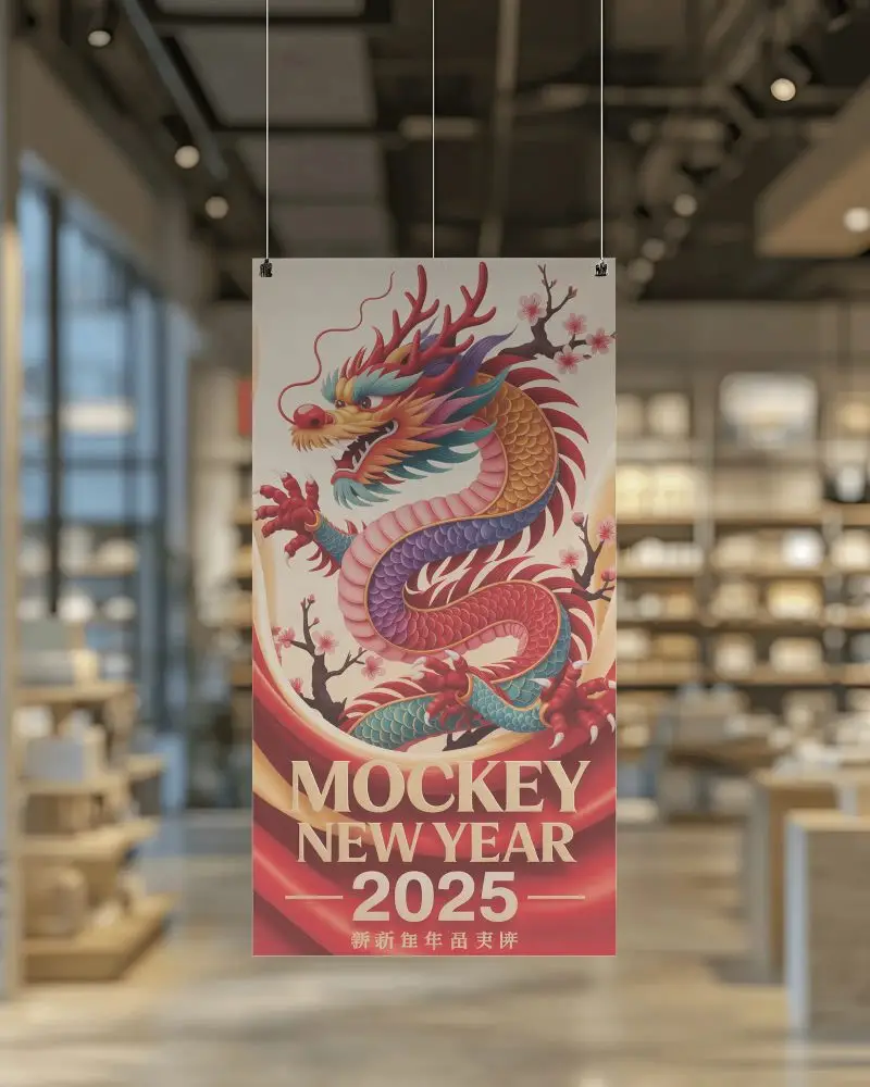 Vertical Hanging Banner Mockup In Modern Retail Store With Blurred Shelves And Soft Light