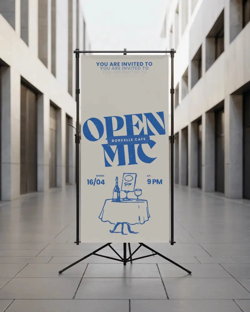 Blank Fabric Banner On Tripod Stand Ready For Branded Graphic Design Presentation