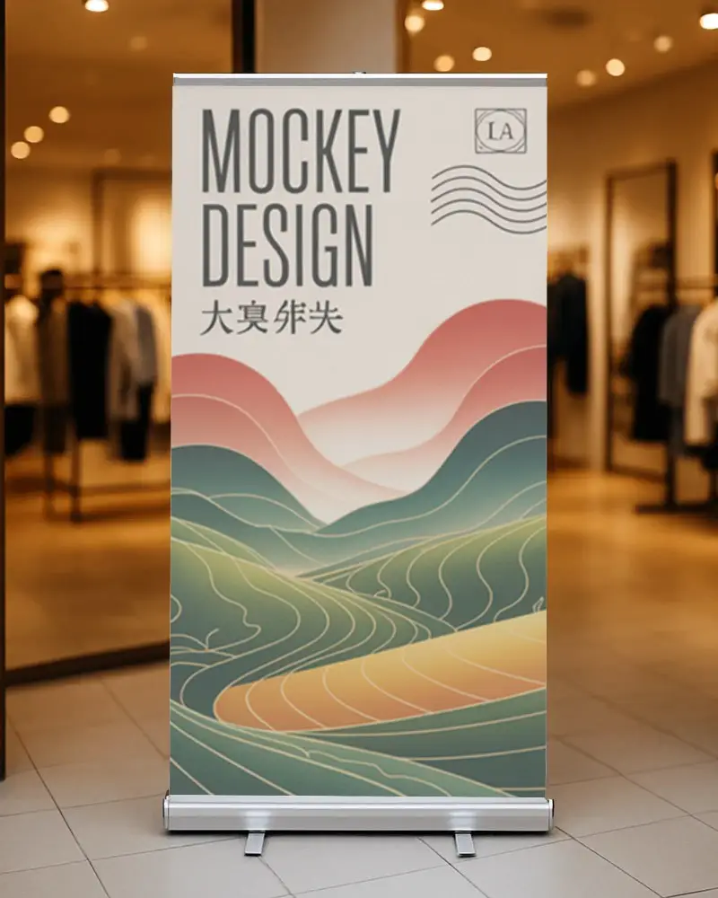 Roll Up Banner Mockup In Front Of Modern Clothing Store With Warm Interior Lighting
