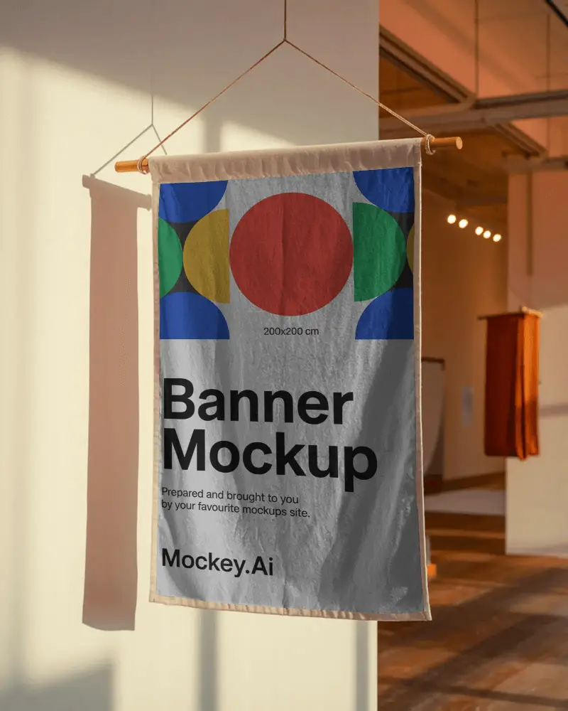 Vertical Banner Mockup Fabric Hanging On Wooden Rod In Art Studio With Warm Morning Light