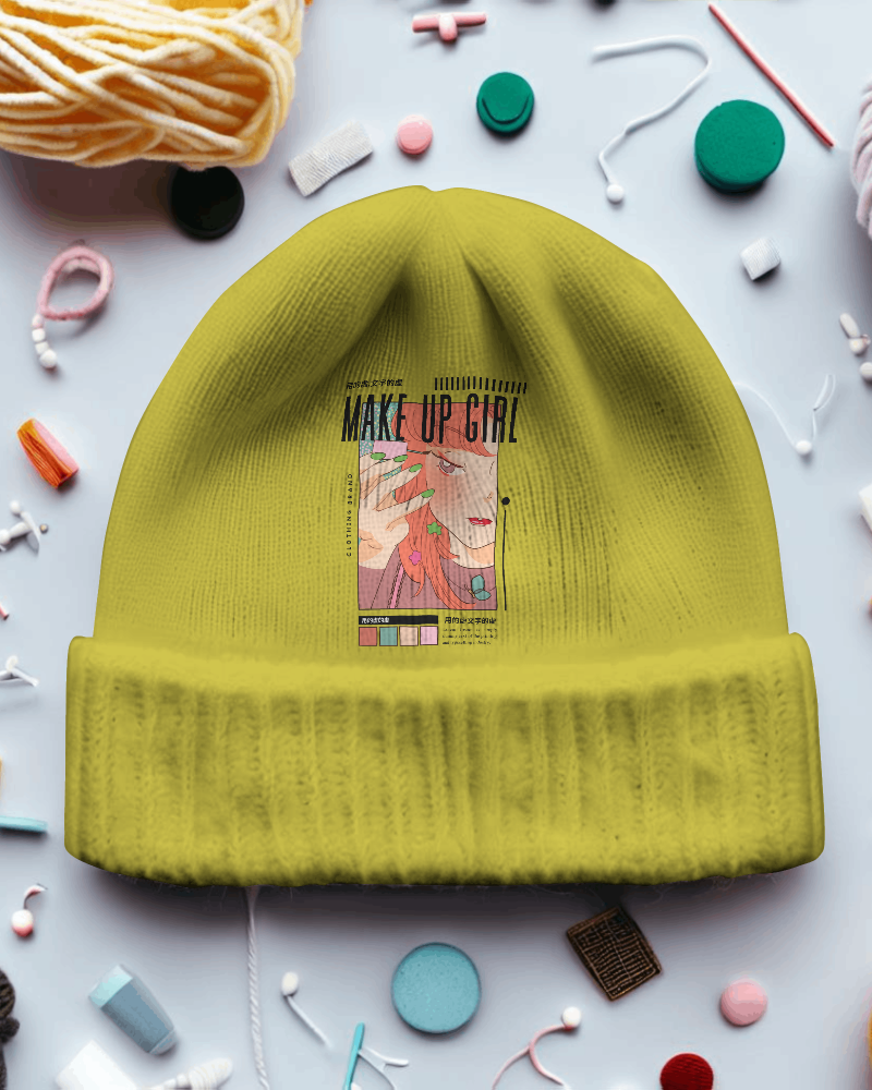 Beanie On Table Flatlay With Stitching Materials In Background