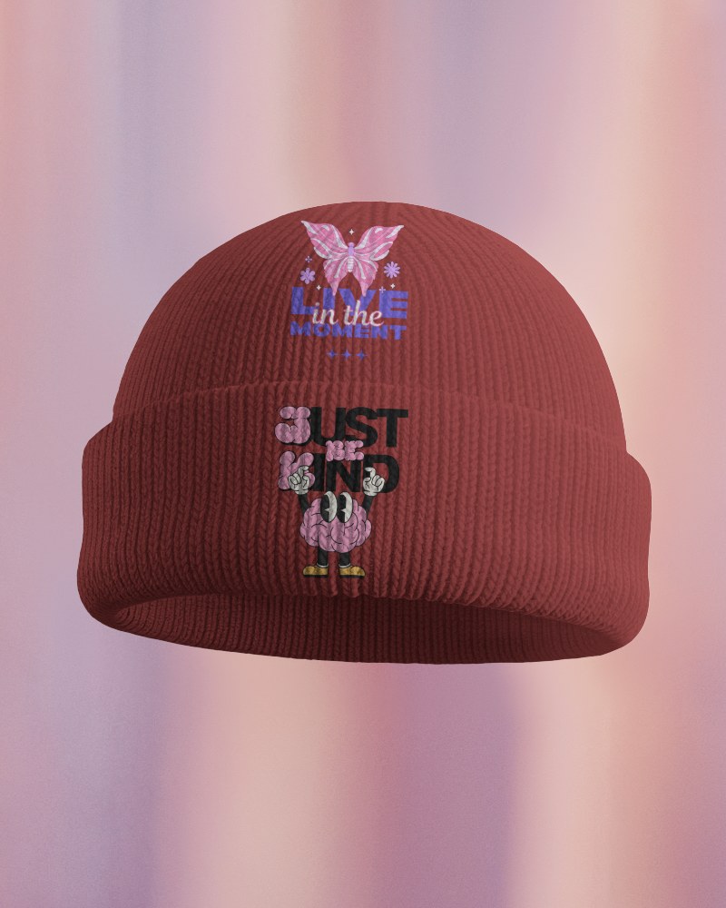 Fashionable Beanie Mockup With Bold Lettering And Colorful Details