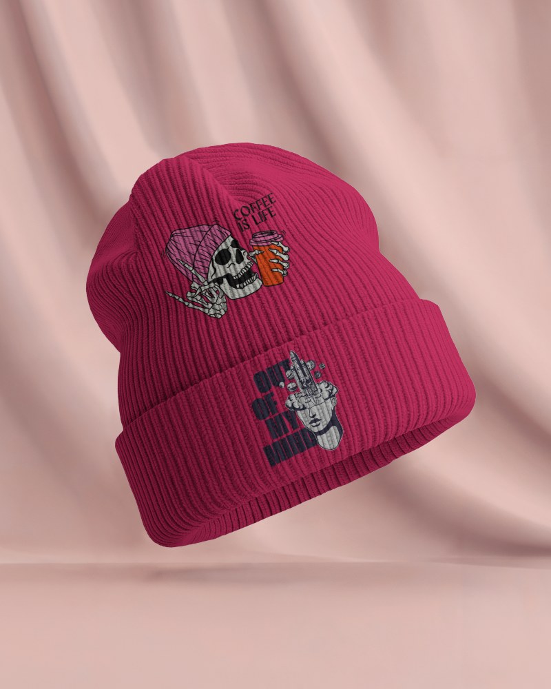 Vibrant Purple Knit Beanie Mockup Soft Draped Fabric Background Embroidered Butterfly And Text Playful And Motivational Design 023