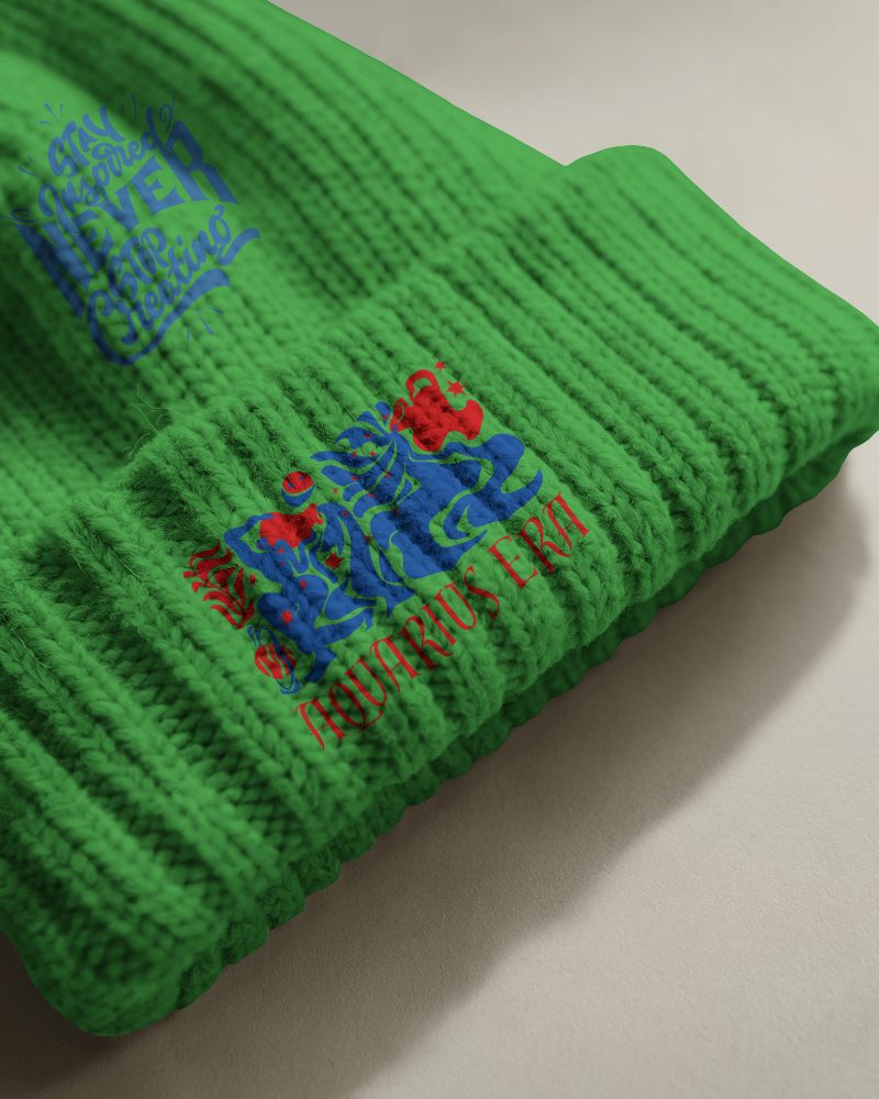 Teal Knit Beanie Mockup Close Up View Subtle Shadowed Background Embroidered Motivational And Beach Themed Design