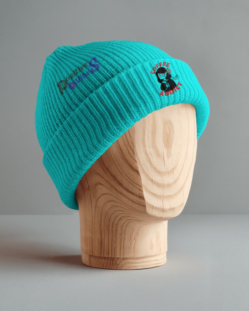 Turquoise Knit Beanie Mockup Wooden Mannequin Display Minimalist Gray Background Embroidered Coffee And Positive Vibes Design